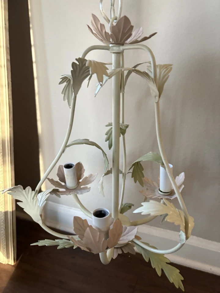 CANDELABRO ESTILO JAULA TOLE LÁMPARA DE TECHO LUCES MARFIL ROSA Y HOJAS VERDES Foto 2 de 4