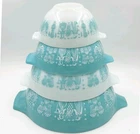 Pyrex Turquoise/White Amish Butterprint Cinderella Nesting Vintage Mixing Bowls