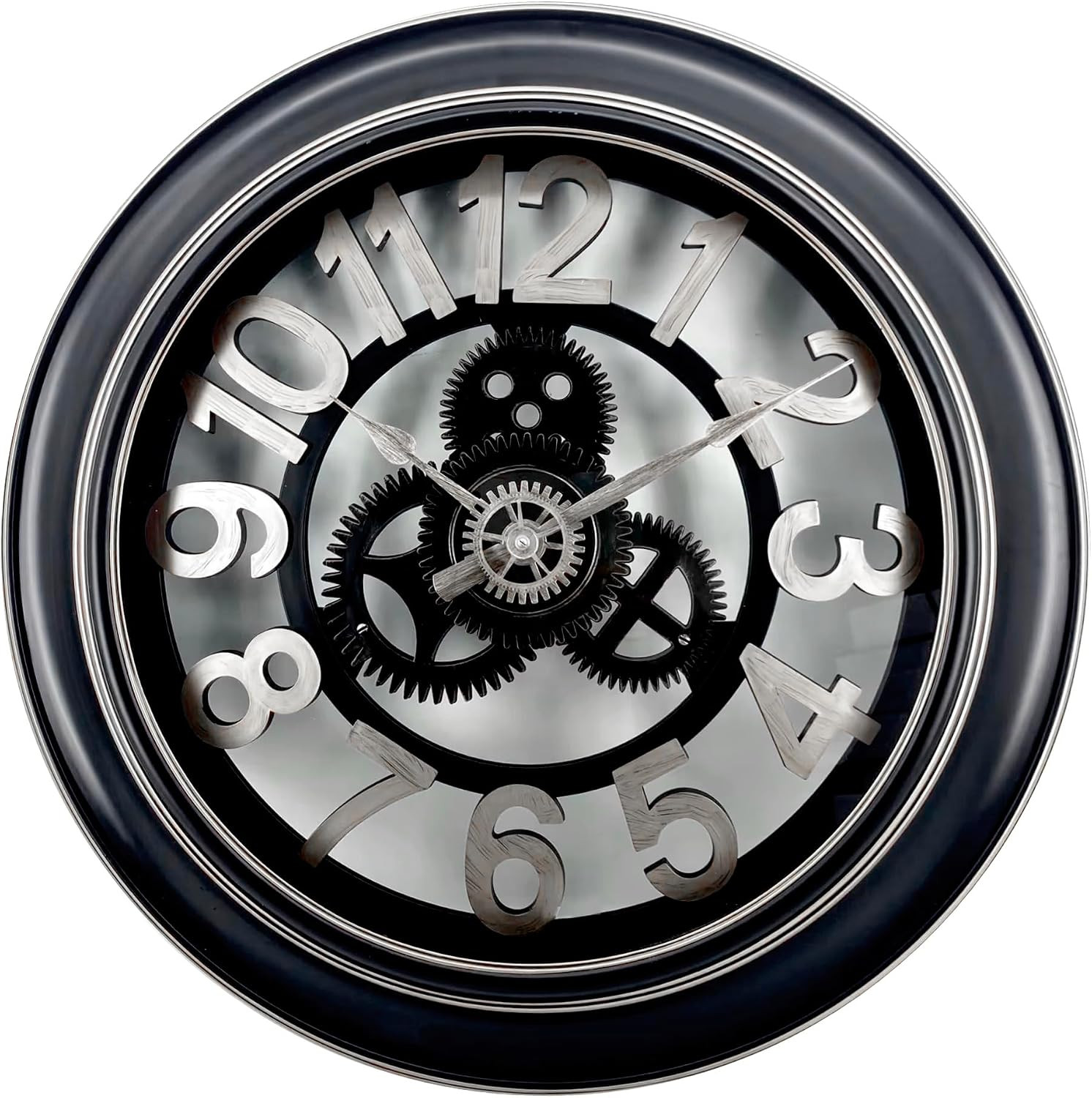 24" Large Wall Clock, Open Gear Design, Brushed Metallic Numbers, Metal Hands &