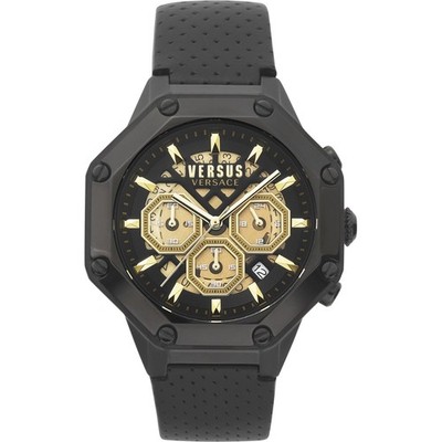 Herrenuhr VERSUS Versace KOWLOON VSP391220 Chrono Leder Schwarz Gold Gold Gold