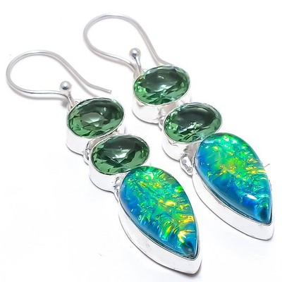 Triplett Feueropal, Apatit Edelstein 925 Sterlingsilber Schmuck Ohrring 2,4 Zoll