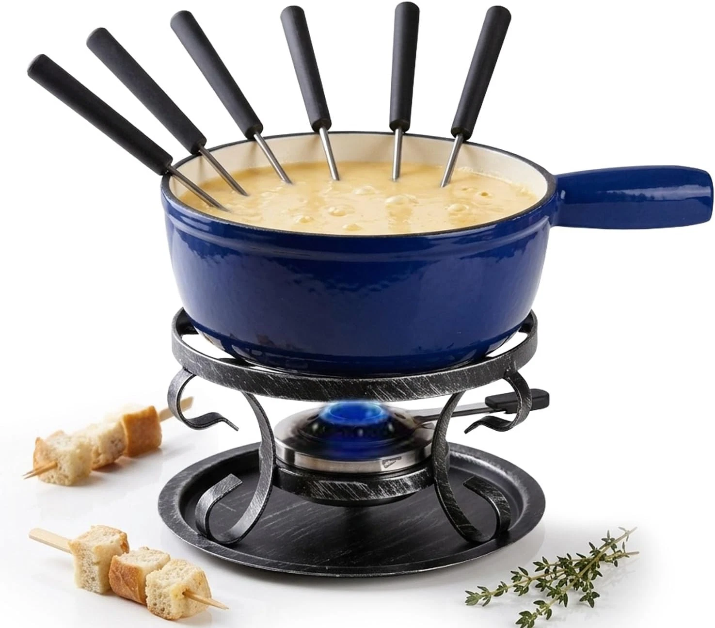 Blue Cast Iron Fondue Pot Set for Cheese & Chocolate, Serves 6 with Forks