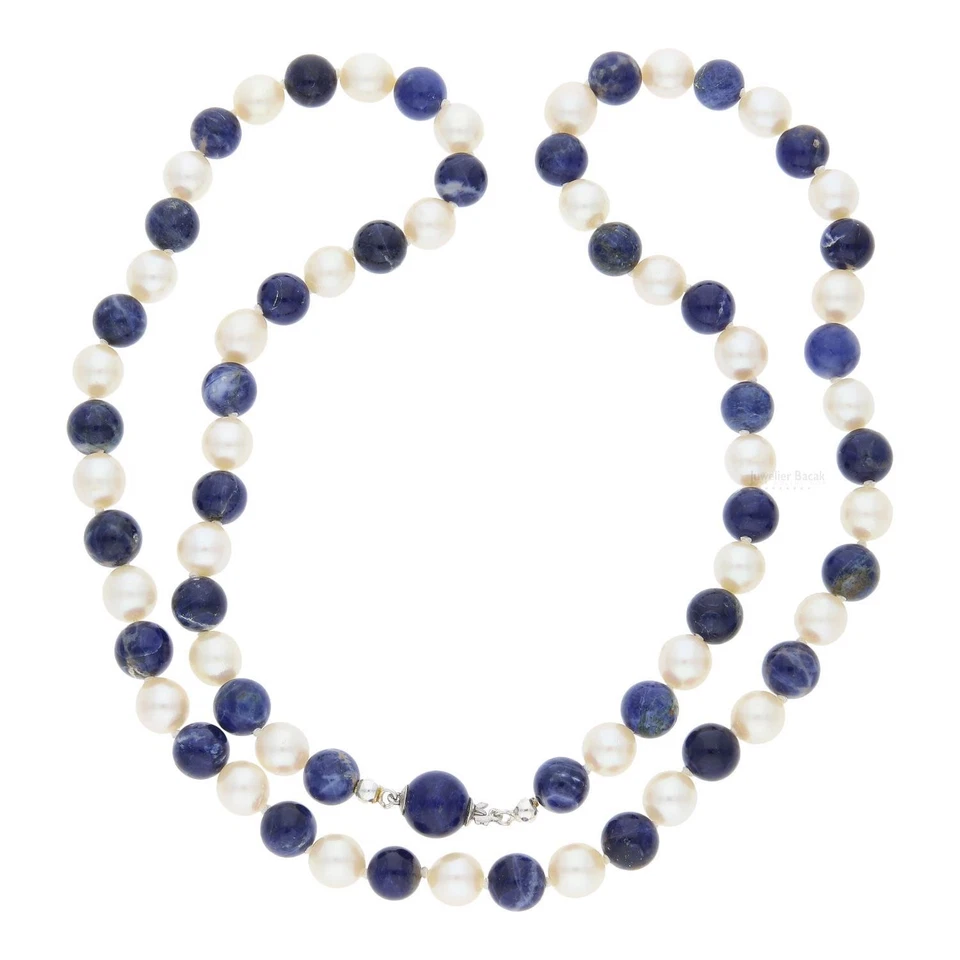 Halskette 925/000 Sterling Silber mit Lapislazuli und Akoya Zuchtperlen, getrage - Bild 2 von 4