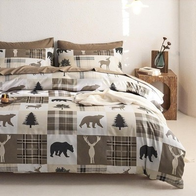 Rustic Duvet Cover Set, Cabin Christmas Lodge Western Country Bear Deer Holiday