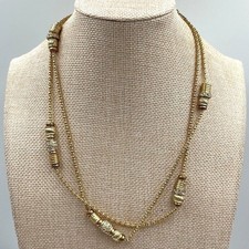 Vintage Gold Tone Multi Strand Cable Chain Ribbed Barrel Bead Station Necklace