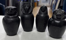 Egyptian Sons of Horus Black Stone Canopic Jars Hieroglyphics Set of Four