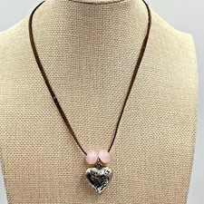 Vintage Boho Silver Ornate Filigree Heart Pink Bead Brown Suede Choker Necklace