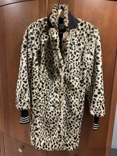 Leopard Print Faux Fur Mid-Length Collared Women's Coat, Button Closure, Lined