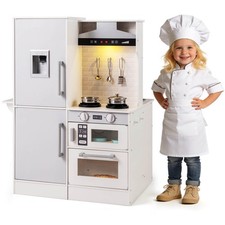 Dual-Sided Kids Play Kitchen w/Water Dispenser, Range Hood, Microwave, Lights