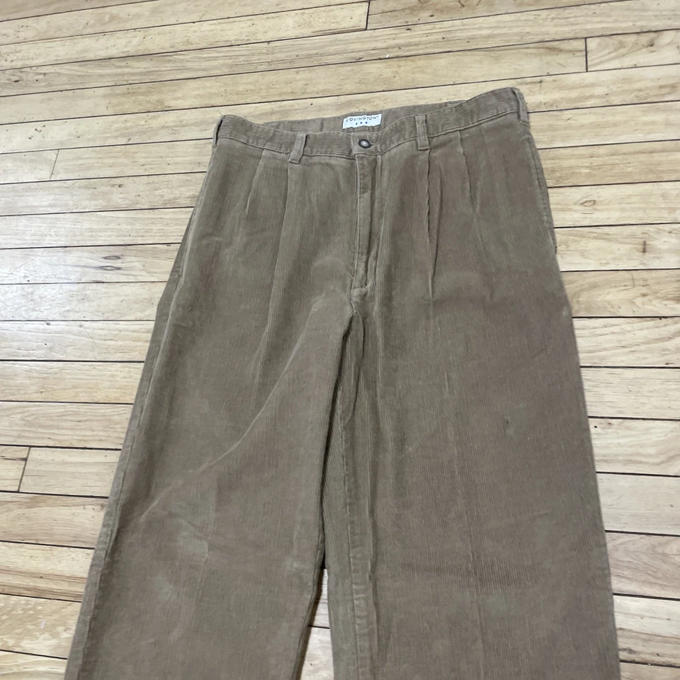 Covington Vtg 90s Y2k Brown Khaki Cotton Corduroy Trousers Men 34 32 Pleat Fade - Image 4 of 4