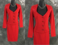 BEAUTIFUL St John evening knit red rhinestones embellished skirt suit 6