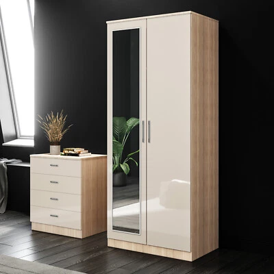 High Gloss 2 Door Wardrobe Bedroom Furniture Storage With Hanging Rail Oak&Cream