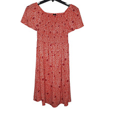 Talbots Dress Womens Petite S Red Floral Flutter Sleeve Ruche Smock Top