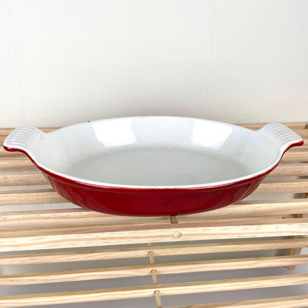 Dansk Cast Iron Enameled Oval Au Gratin Baker Baking Dish Red White 10