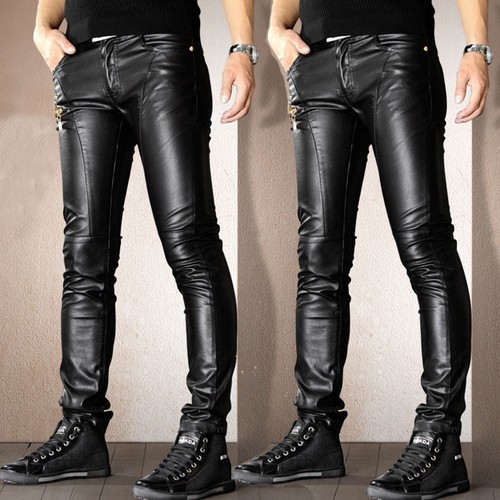 Mens Faux Leather Punk Rock Pants Slim 