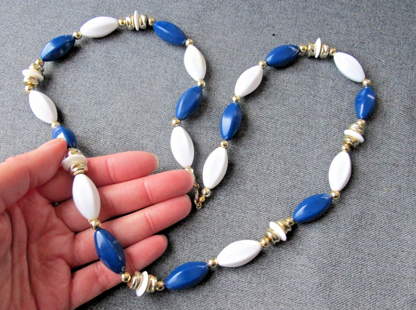 Vintage white blue & golden plastic beads long necklace