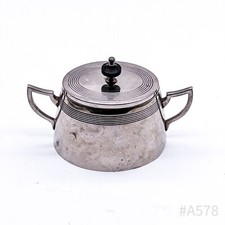 Art Déco Zuckerdose mit Henkeln & Deckel aus Metall, versilbert | 10,5 x 8,5 cm