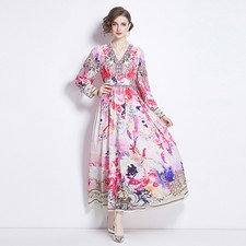 Women V-neck Long Sleeve High Waist Long Floral Printed Dress A-line Beach Skirt