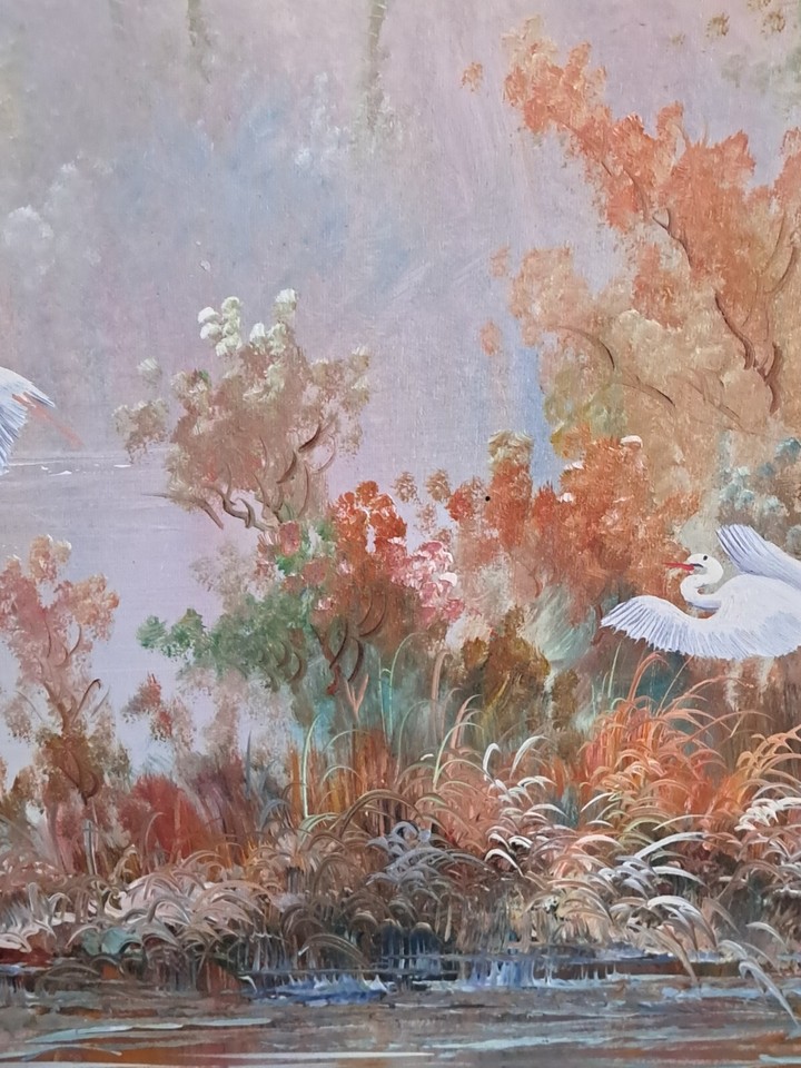 Vintage Florida Oil Painting William Riley Everglades Crane Spanish