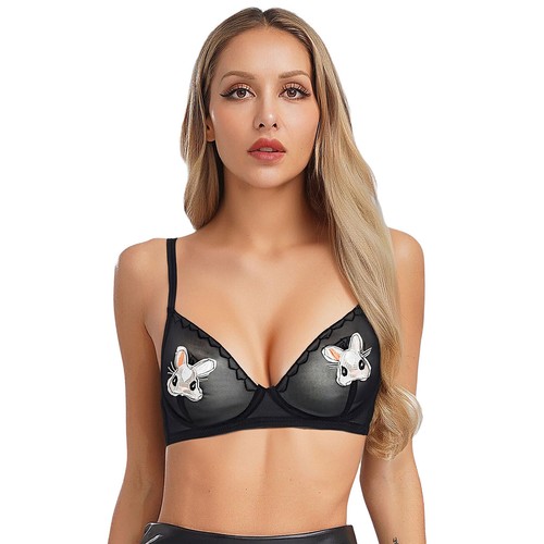 Women Non-padded Balconette Bra with Cartoon Rabbit Embroidery Mesh 3/4 Cup Bras - Picture 20 of 21