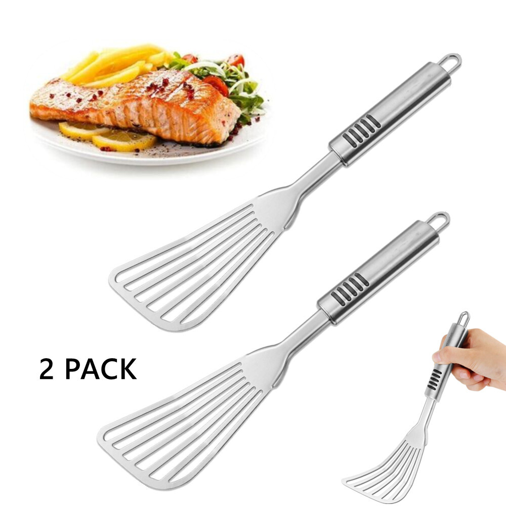 2-PCS STAINLESS STEEL FLEXIBLE SPATULA Slotted Fish Turner Flipper Cooking Tool