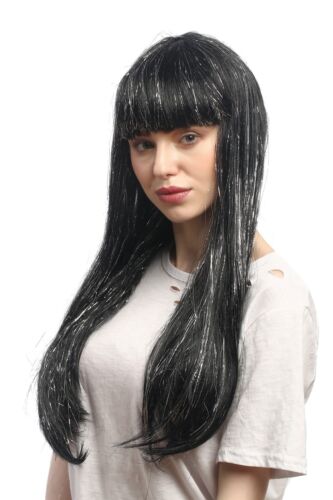 Wig Women Carnival Black Long Straight Bangs Silver Glitter Highlights - Picture 2 of 4