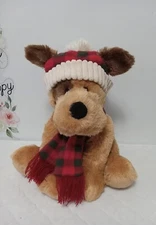 HugFun international Chfistmas brown dog plush with plaid hat scarf