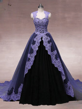 Gothic Purple Wedding Dresses V-Neck Applique Backless A-Line Ball Bridal Gowns