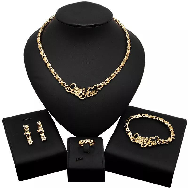 Women's Girls XOXO Hugs & Kisses Necklace Set - Ring Bracelet & Earrings  Jewelry Set 18k Real Gold Plated