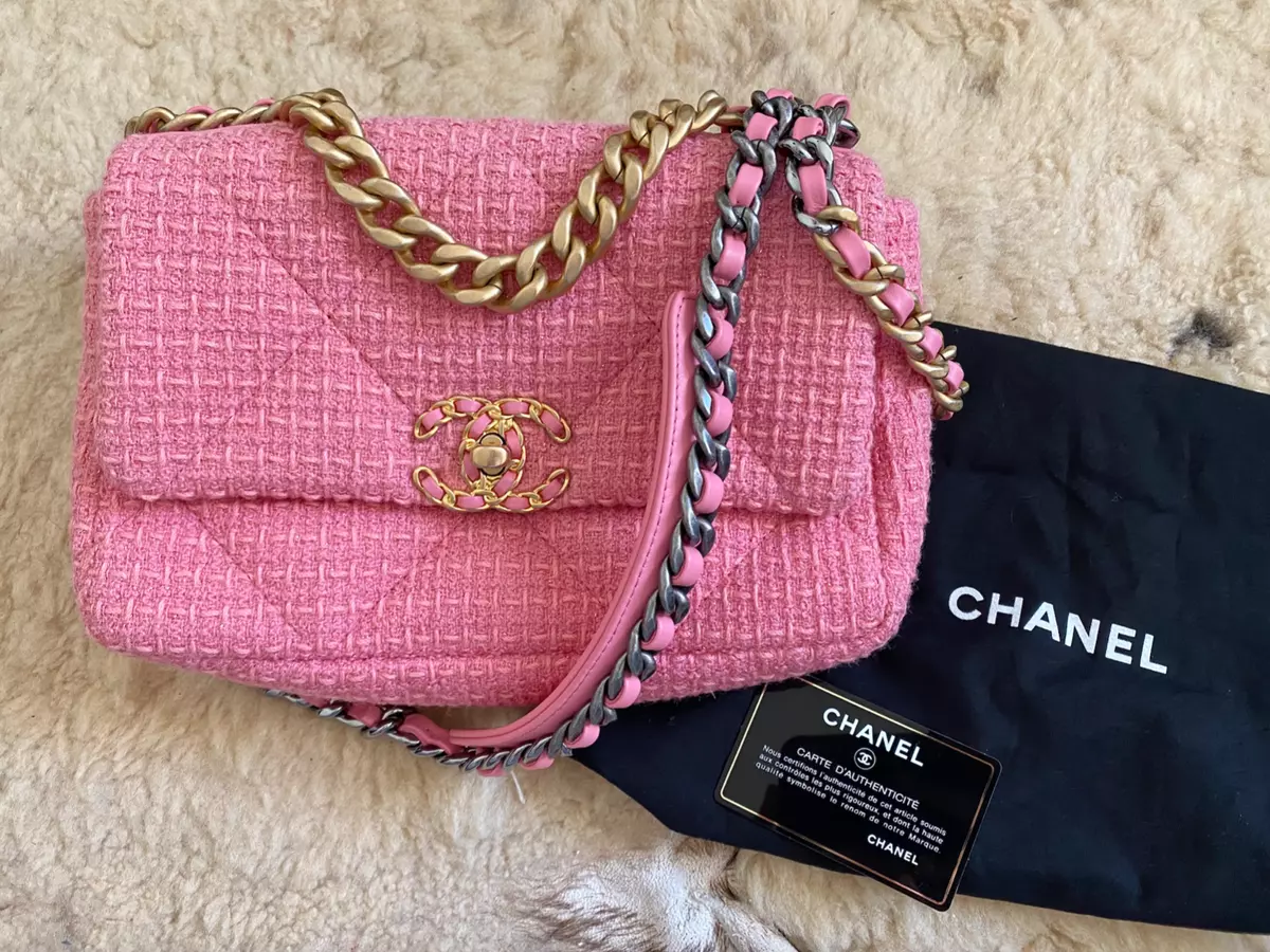 Chanel 19 Rose Pink Gold Tweed Medium Chain Flap CC Crossbody