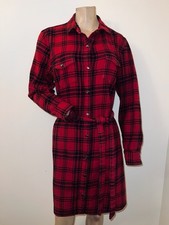 GAP Red Black Plaid Flannel Belted Christmas Holiday Belted Shirt Dress L