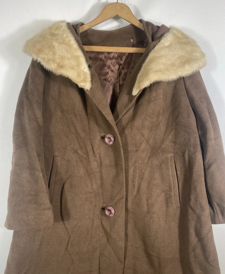 Abrigo Columpio de Lana Años 50 XL Cuello de Piel Para Mujer Marrón Antiguo Hollywood Hecho en Unión Foto 4 de 4