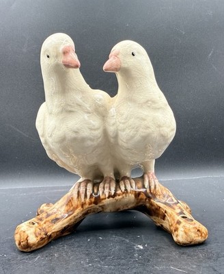 Painted Pair Porcelain Doves Perched On A Branch Planter Great Detail