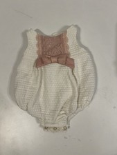 Shabby Chic Baby Romper White Pink Lace Bow Sleeveless 3-6 Months Round Neck