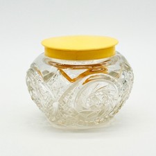 Vtg Heavy Cut Crystal Vanity Powder Jar w/Yellow Lid Geometric Faceted Pattern 