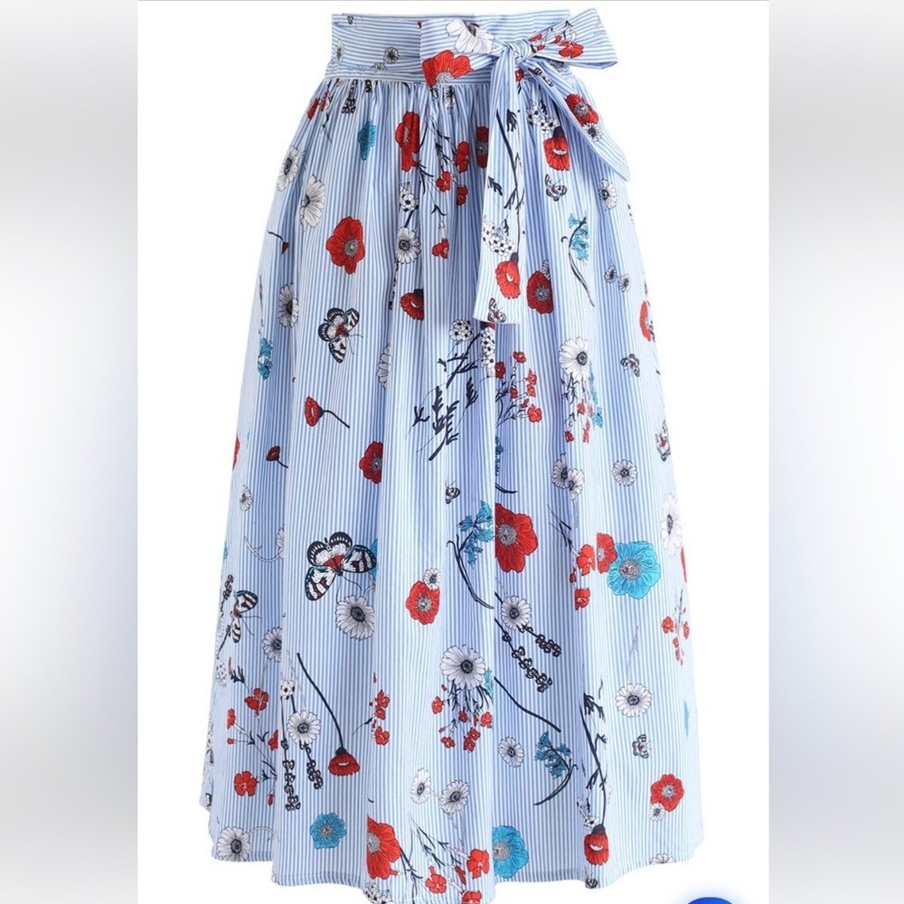 Chic Wish Floral Scene with Stripes Midi Skirt