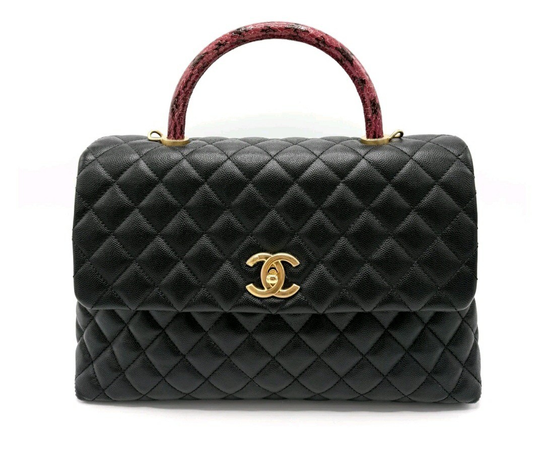 Chanel Black Caviar Raspberry Python Coco Top Han… - image 1