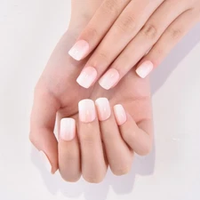 evpct Ombre Glossy Press on Nails Short Square, Nude to White Glossy Fake Nai...