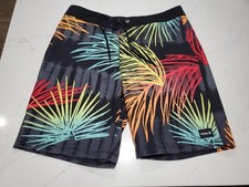 Hurley Mens Swim Trunks 32 Black With Multi Color Leafs Pockets 8" Inseam