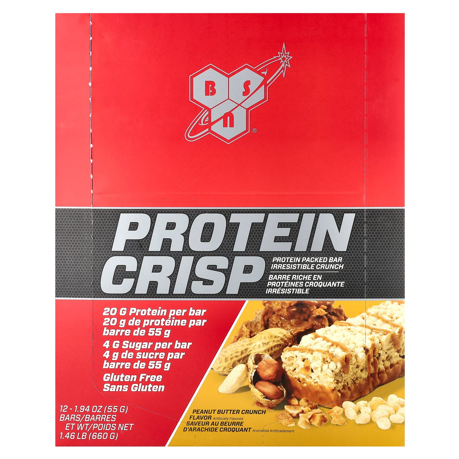Protein Crisp, хрустящая арахисовая паста, 12 батончиков по 1,94 унции (55 г) каждый