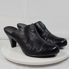 Born Crown Black Leather Heeled Mules Clogs Slip On Shoes Women Size 8 EU 39