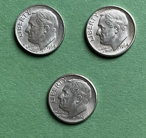 Roosevelt Dimes 1964/62 Lot of  Three (3) 90% Silver, Uncirculated, Ungraded