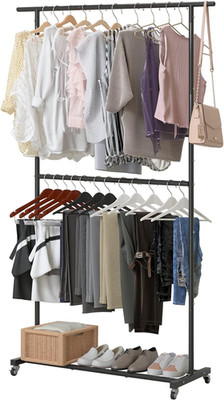 Double Rod Garment Rack Rolling Clothes Organizer Adjustable Metal On Wheels