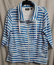 Onque Casual Full Zip Blue Striped Sweatshirt Womens Large 3/4 Sleeve Athleisure