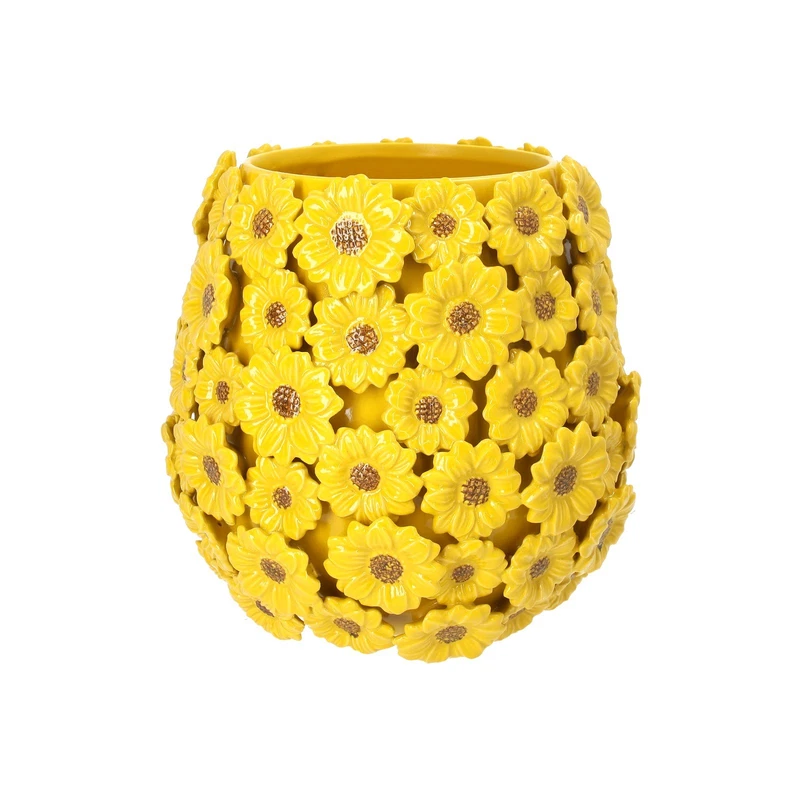 Vaso Margherite Giallo in Ceramica Decorativo con Fiori in Rilievo Fioriera 28, fotografia 3 di 9