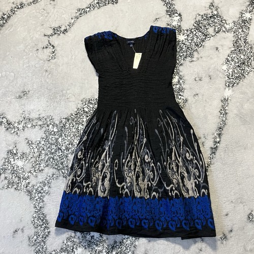 Max Edition Dress Womens Sz SP Black Summer Blue White Scroll Pattern
