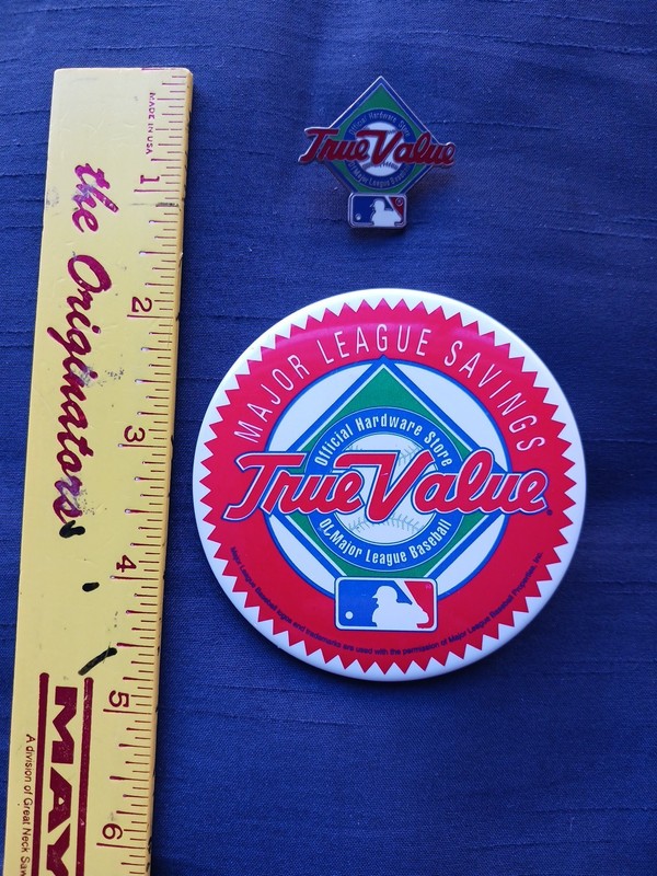Lot of 2: Vintage True Value Hardware MLB Pinback Button & Hat/Lapel Pin 1997?