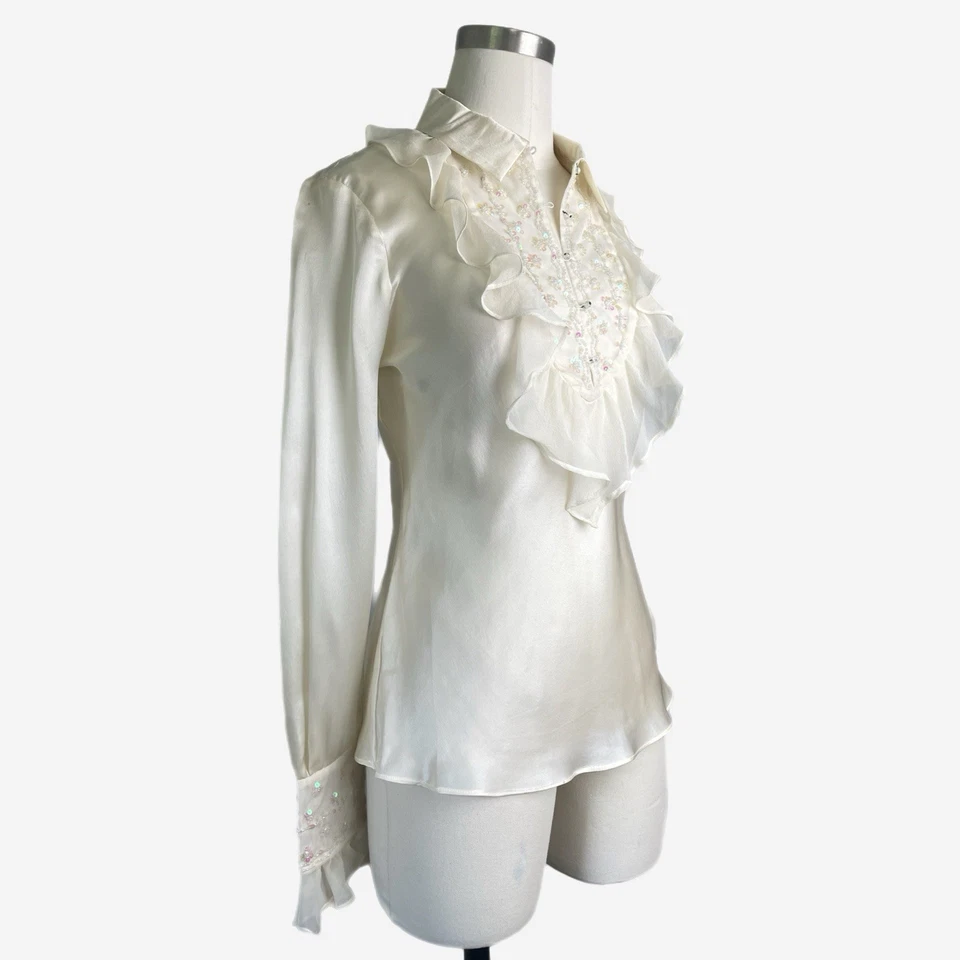 Blusa vintage Cache nueva con etiquetas Deadstock seda marfil lentejuelas cuentas volantes sirena Y2K XS Foto 4 de 4
