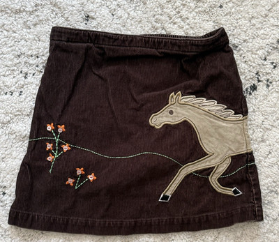 Land s End Brown Corduroy Embroidered Floral Horse Appliqué Skort Skirt Size 5