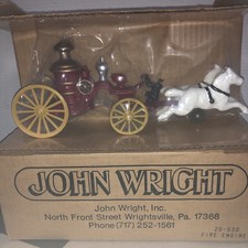 John Wright Cast Iron Red Fire Truck Pumper Horse Carriage 12" Long with Fireman